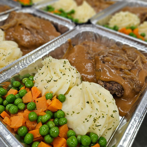 HAMBURGER STEAK, OIGNONS RÔTIS